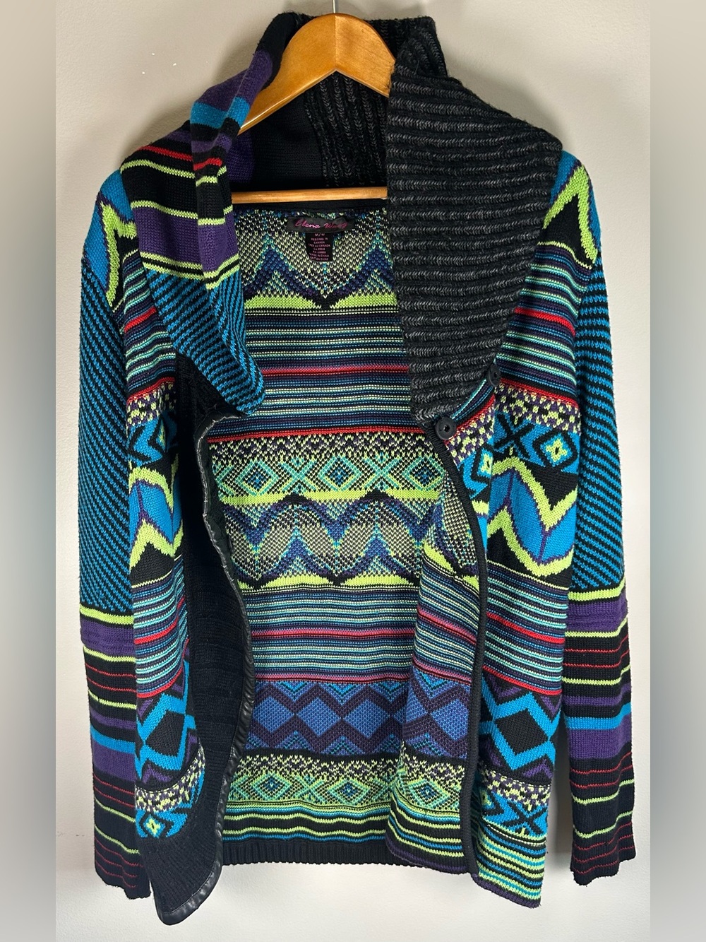 Elena Wang Womens Knit Cardigan Blanket Coat Sz M Southwestern Aztec Neon Colors - Picture 2 of 11